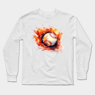 Flamming Baseball Watercolor Long Sleeve T-Shirt